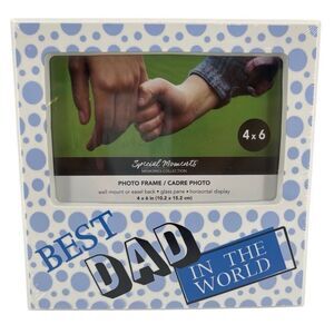 Best Dad in the World 4x6 Picture Frame White Blue Dots Wall or Tabletop NIB